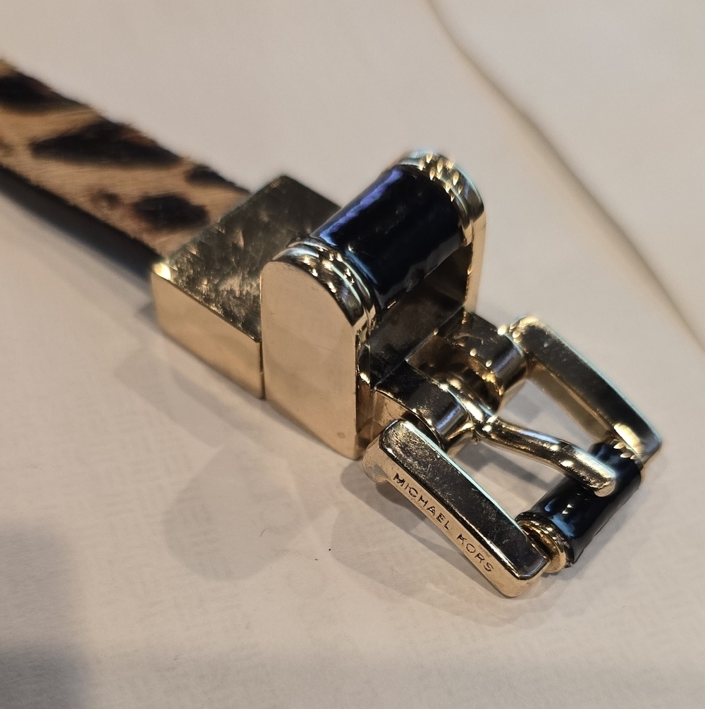 Michael Kors Dyed Cow Hair Leopard Print Belt Gold-Tone Buckle